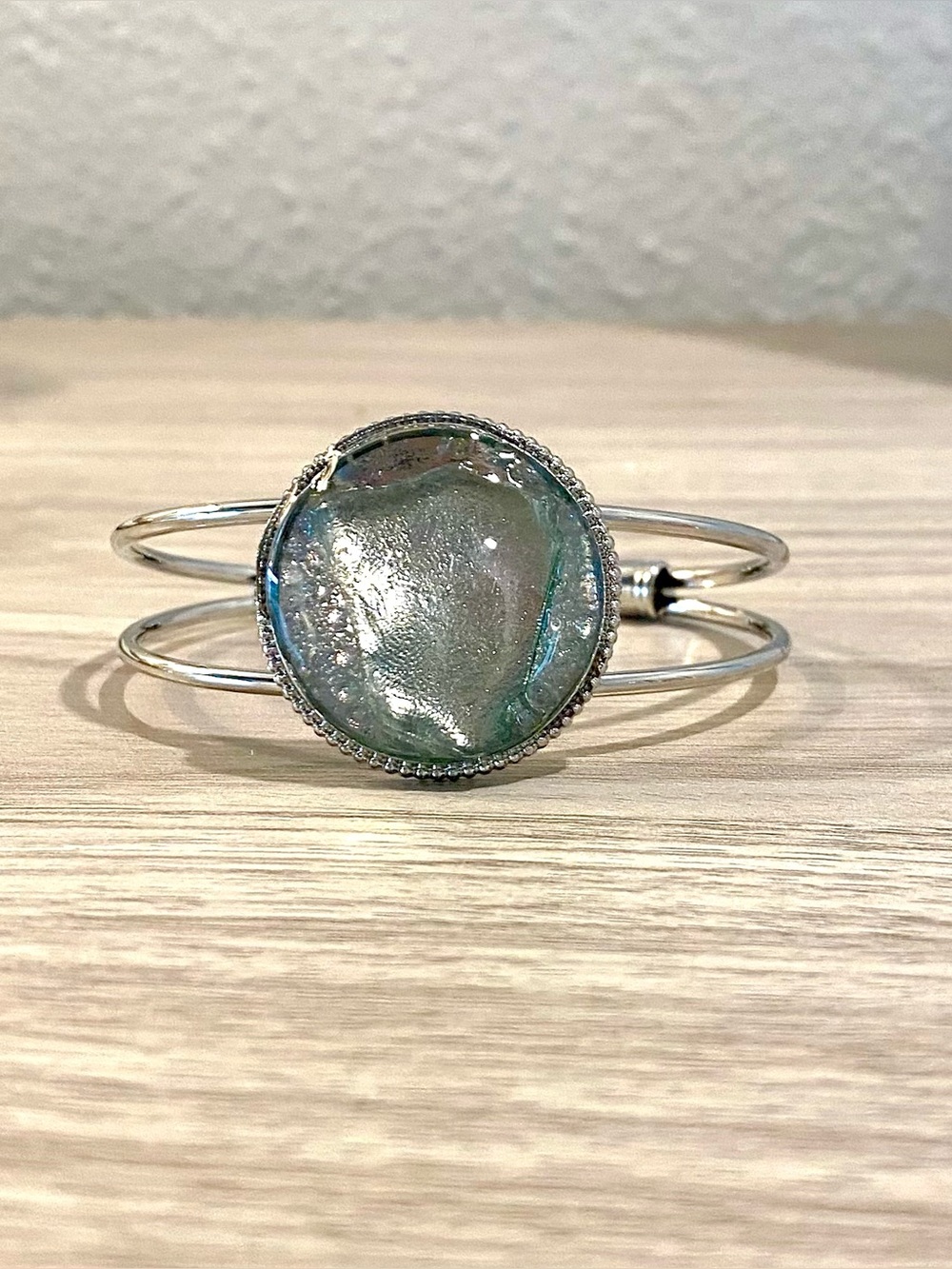 76. Silver Cuff Bracelet with Sea Glass Center - Light Aqua Green